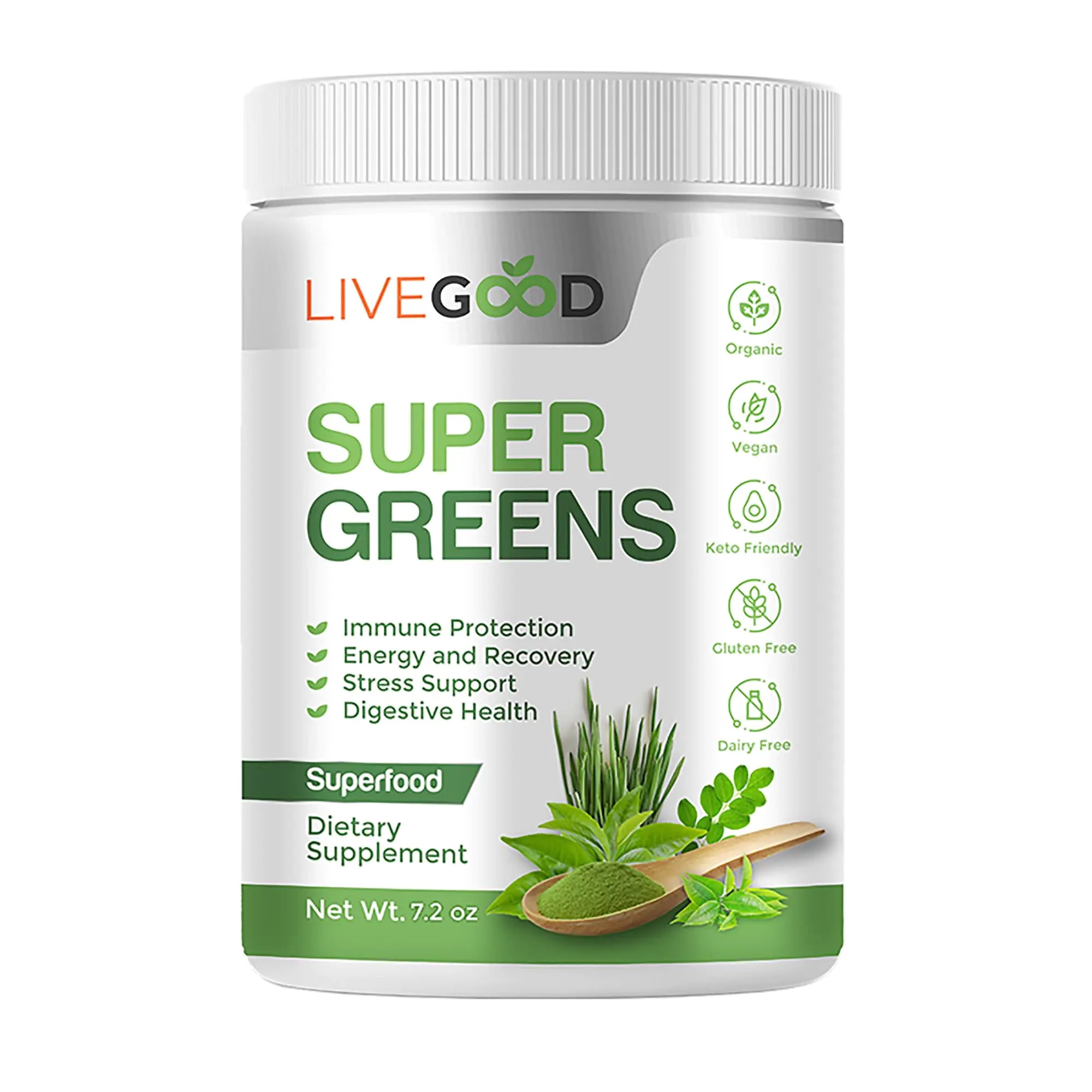 LIVEGOOD™ Organic Super Greens with Wheat Barley Oat Grass Matcha Green Tea Aloe Vera Vegan Gluten Free 7.2 oz.
