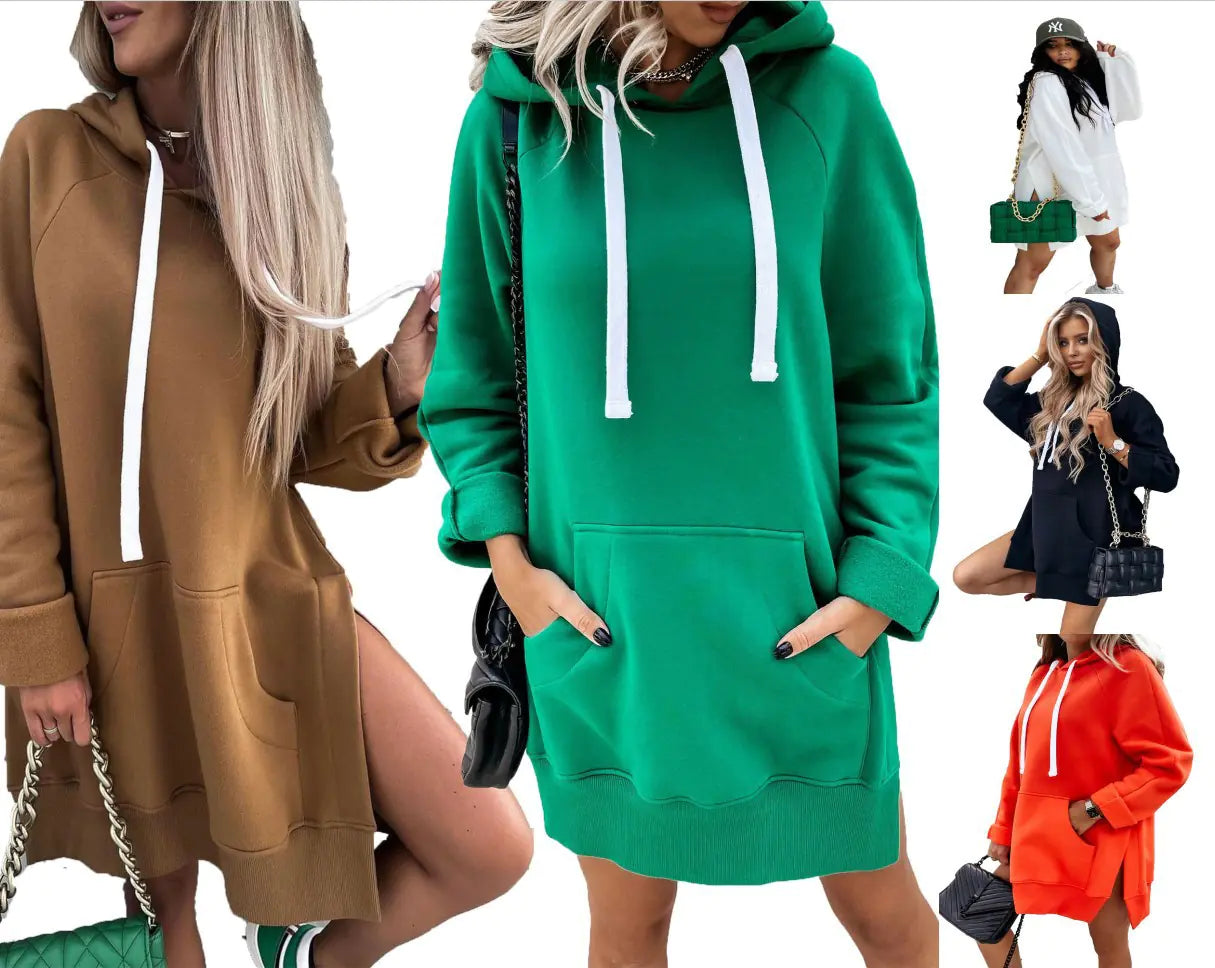 Women's Fleece Hooded Long-Sleeve Sweater with Slits